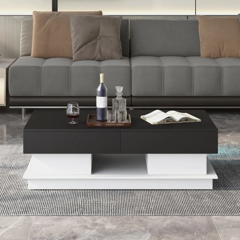 Table Basse de Salon Moderne Multifonctionnelle avec Plateau Relevable, Tiroirs Cachés et Étagère Extensible, 99x60x36 cm, Noir+Blanc