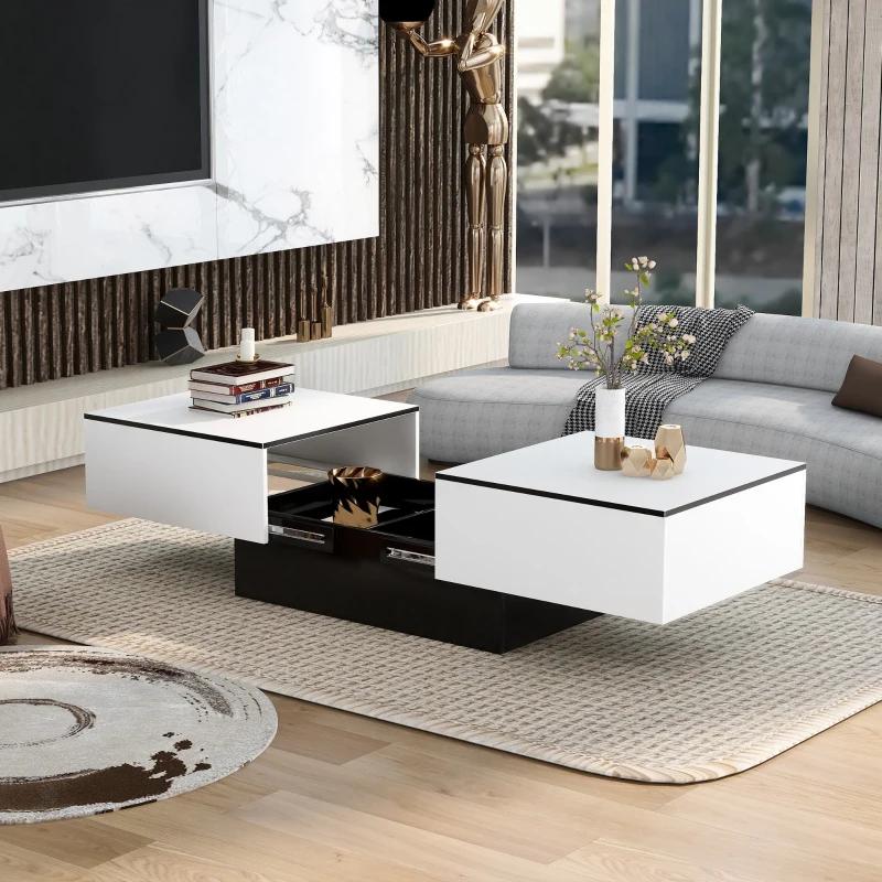 Table Basse de Salon Moderne et Extensible en MDF et Panneaux de Particules, avec 2 Tiroirs et Mécanisme Push-to-Open, 102x60x40 cm, Blanc