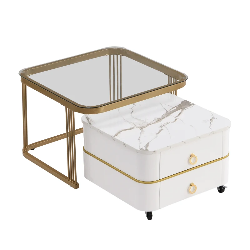 Ensemble de Tables Basses Gigognes en Marbre Poli et Verre, avec Détails Dorés et Tiroirs, 60x60x42 cm + 50x50x34 cm, Blanc