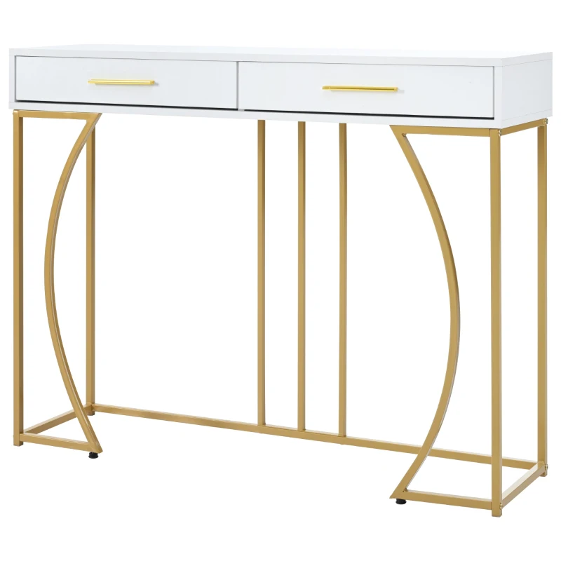 Console Table with 2 Drawers, Light Luxury Style Side Table with Metal Frame and MDF Top, 120x38x76 cm, White