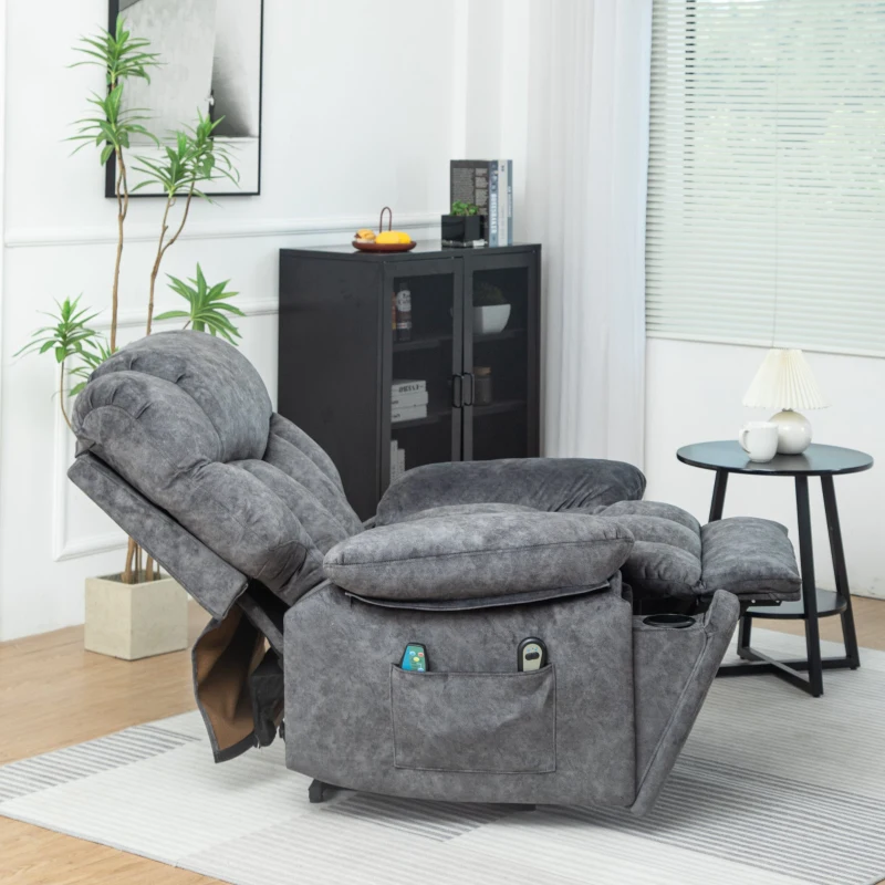 Chaise longue de massage électrique, chauffante, relevable, velours, avec télécommande et 2 porte-gobelets, capacité de charge 150 kg, Gris