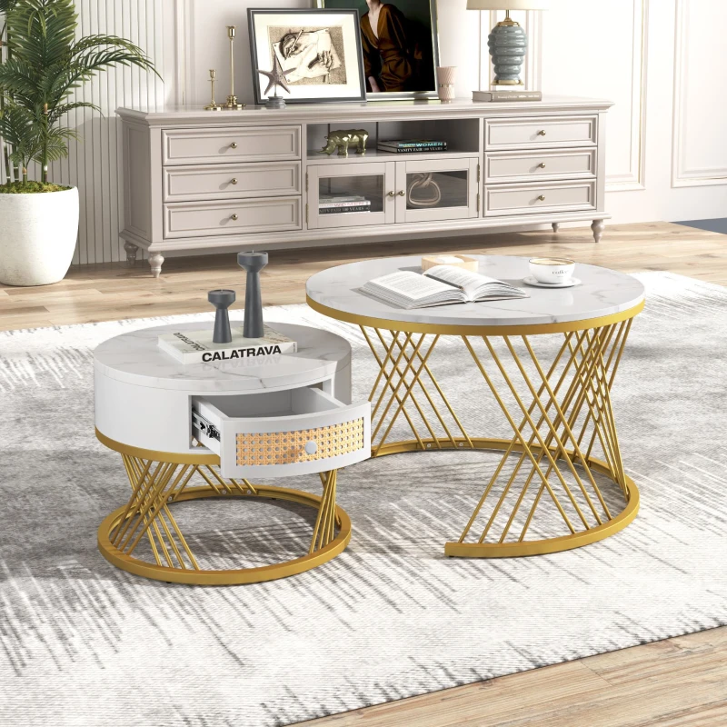Couchtisch 70cm Runder Marmormuster Platzsparender 2-in-1 mit Rattan-Schubladen u. Griffen, vergoldeten Füßen Weiß