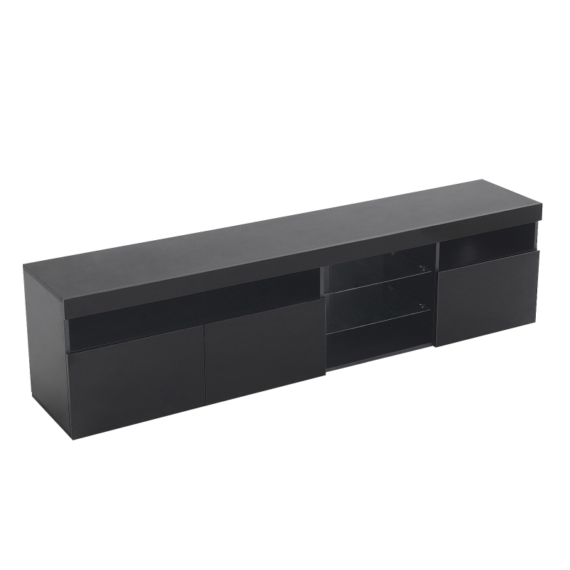 Moderner TV-Schrank mit LED-Beleuchtung, Hochglanz und Glaselementen, Schwarz