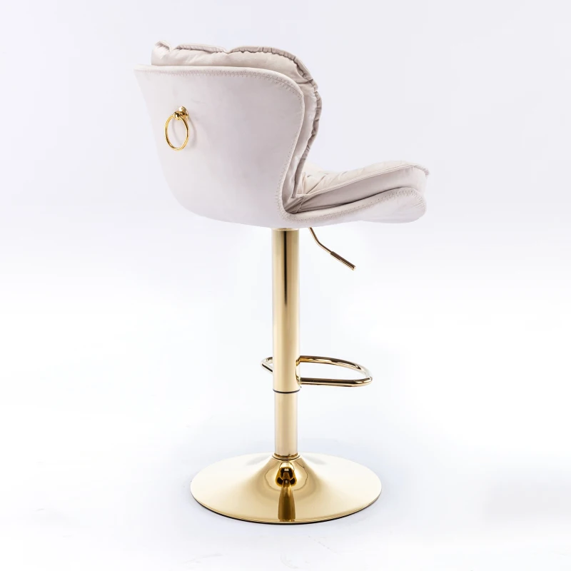 Set of 2 Kitchen Bar Stools with Rolling Edge Backrest and Gold Legs, 360° Rotatable Breakfast Bar Stools with Adjustable Seat Height, Beige