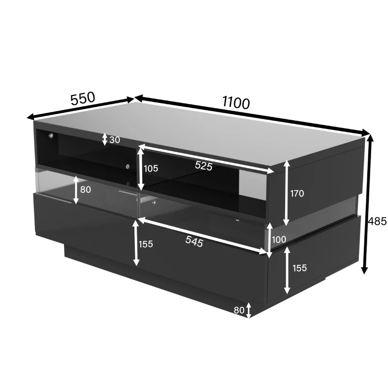 Hochglanz Couchtisch mit LED-Beleuchtung, zwei Ablagefächern und Schubladen, modernes Design, Schwarz