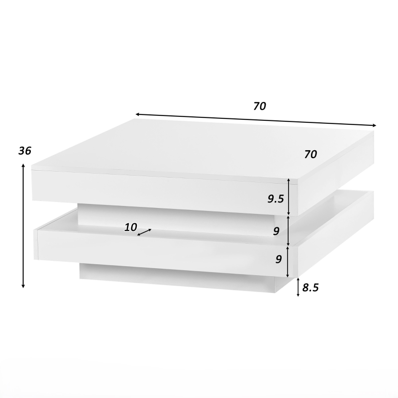 Table basse moderne relevable avec éclairage LED à 16 couleurs, 70x70x36 cm, capacité maximale 30 kg, Blanc