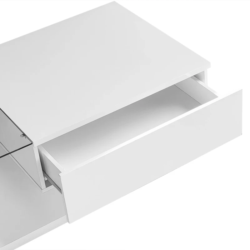 Couchtisch Hochglanz-Weiß mit Glasplatte und LED-Beleuchtung, Modernes Design und Praktische Ablagefächer, weiß