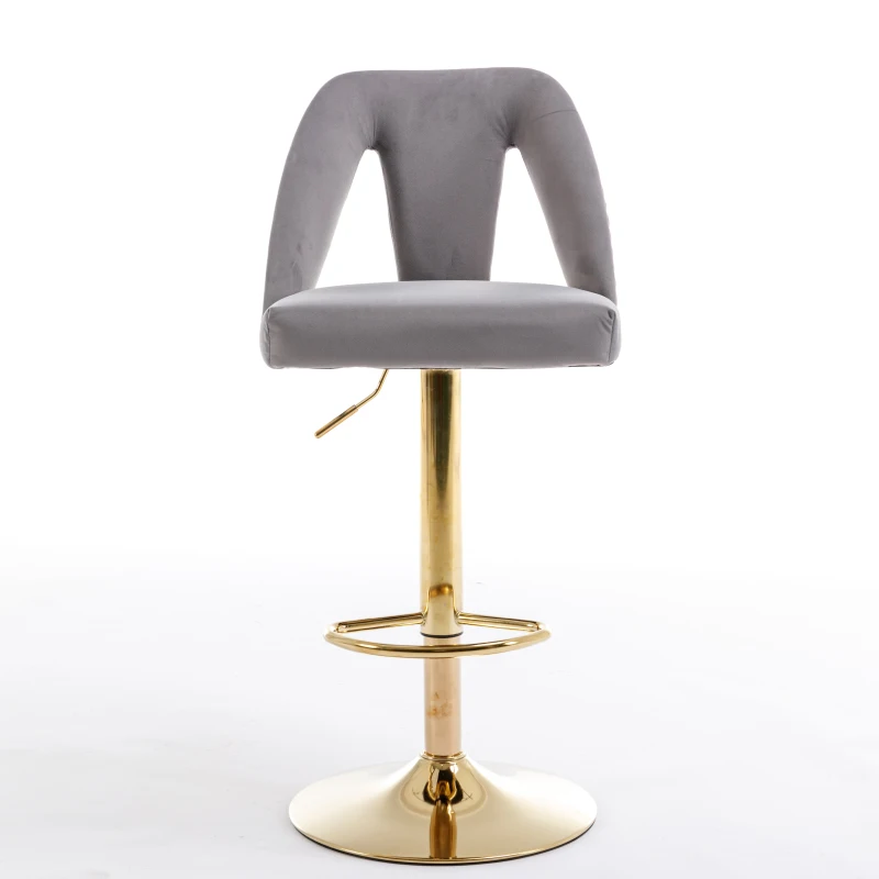 Set of 2 Adjustable Bar Stools with Hollow Backrest Design, Electroplated Gold Legs, 360° Rotatable, Seat Height 63.5-83.5 cm, Base 41x41 cm, Load-Bearing up to 136 kg, by Woltu, Grey