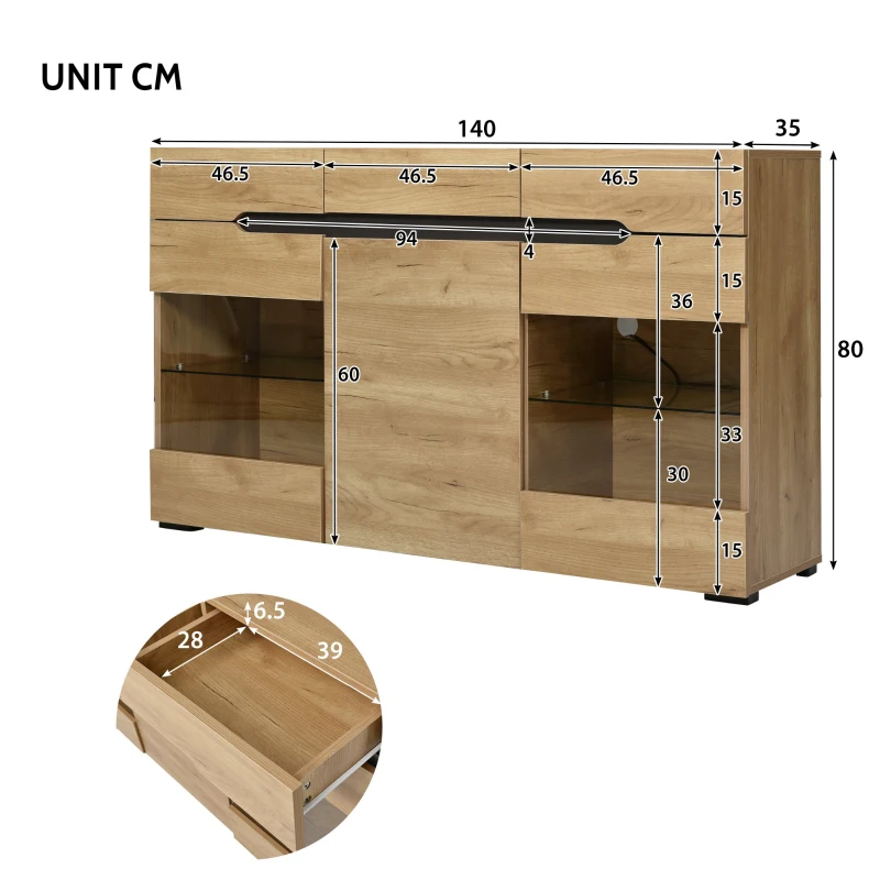 Buffet Moderne avec LED pour Salon et Cuisine, 3 Portes et 3 Tiroirs en Aggloméré, Capacité de Charge 50 kg, 140x35x80 cm, Chêne(m-3)