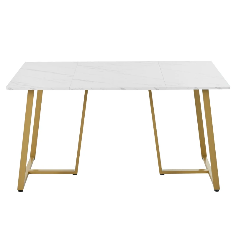 Modern Fodable Dining Table with Marble Pattern, Adjustable Metal Legs, Rectangular Kitchen Table for Dining Room, 140x80x75 cm, White+Gold