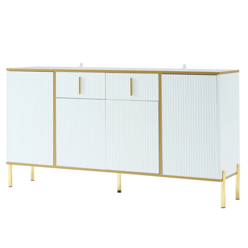 Crédence Élégante avec Détails Dorés, Tiroirs Silencieux et Étagères Réglables, 140x35x76 cm - Parfaite pour Cuisine et Salon, Blanc