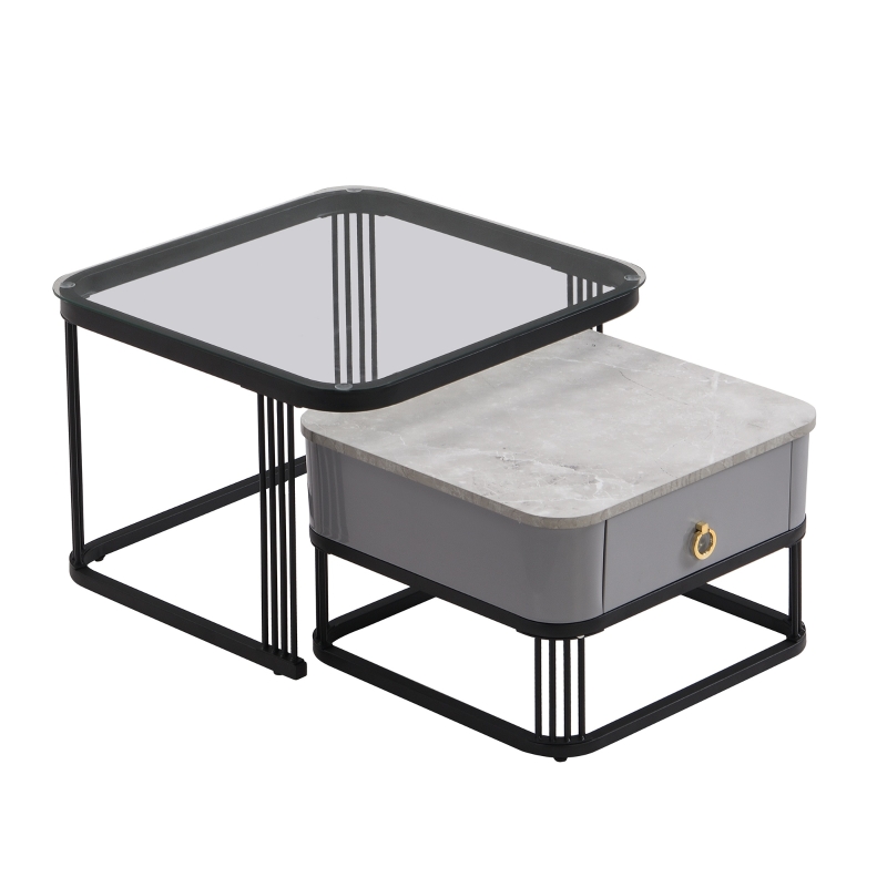 Couchtisch 60x60 Marmoroptik mit Schublade schwarz