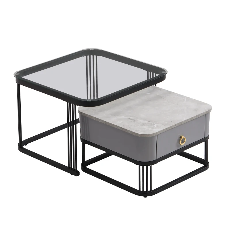 Couchtisch Stapelbarer 2er-Set 60x60 mit Schublade Hochglänzende Marmoroptik Glasplatte schwarze Beine schwarz