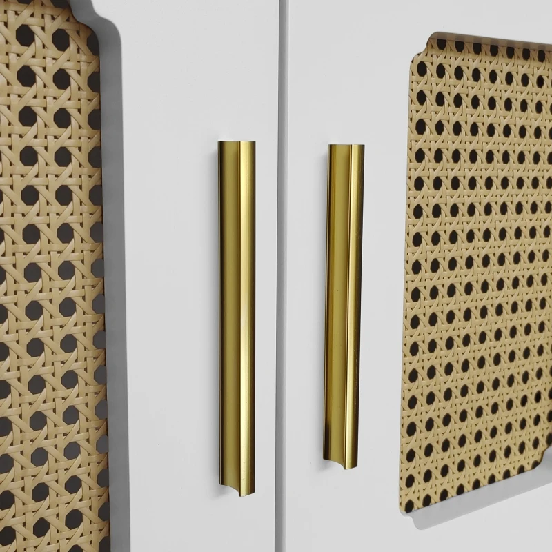 Meuble TV rétro avec poignées dorées, portes en rotin et pieds en métal, grand espace de rangement, 175x38x55,5 cm, Blanc