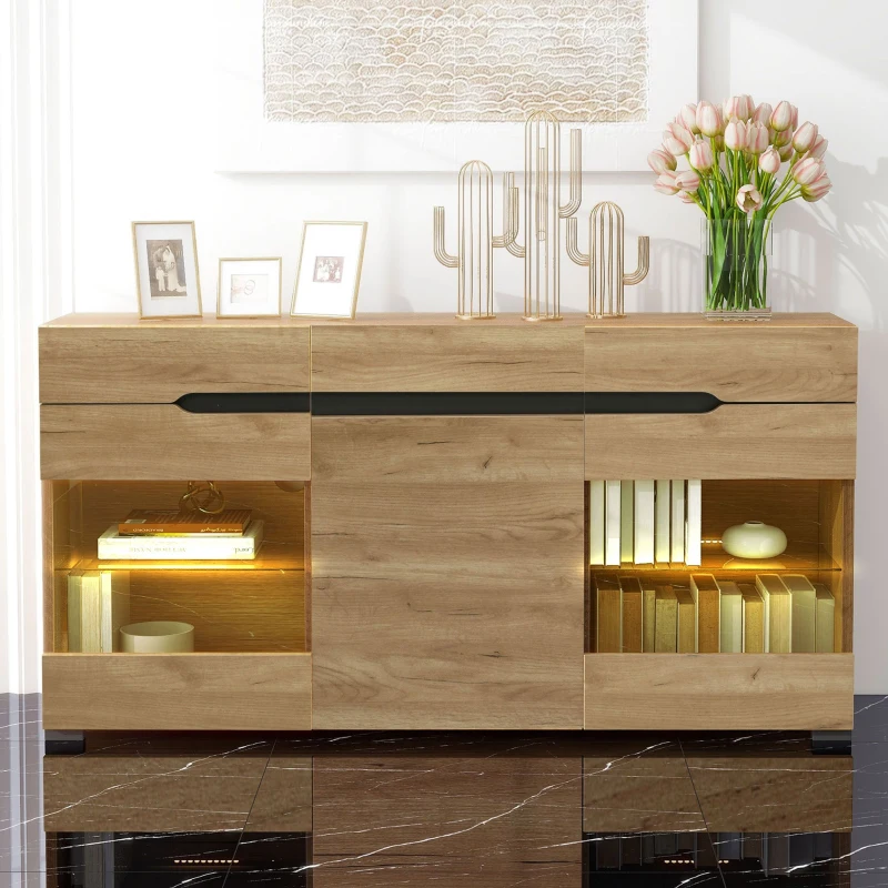 Buffet Moderne avec LED pour Salon et Cuisine, 3 Portes et 3 Tiroirs en Aggloméré, Capacité de Charge 50 kg, 140x35x80 cm, Chêne(m-4)