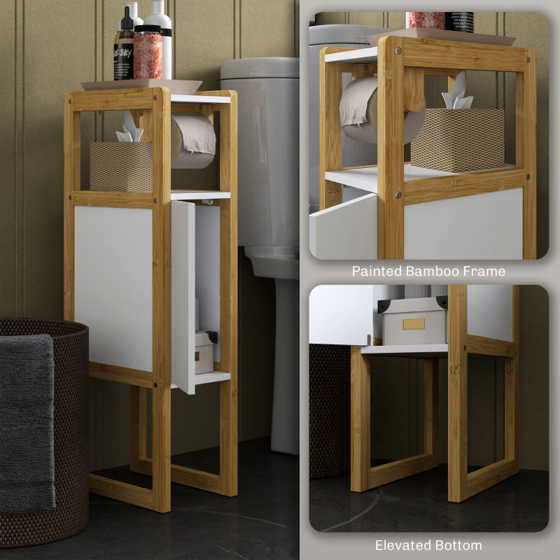 HOMCOM Mobilier de Baie cu Suport pentru Hârtie Igienică, Dulap și Raft, Dulap Compact din Bambus, 20x33x80 cm, Alb