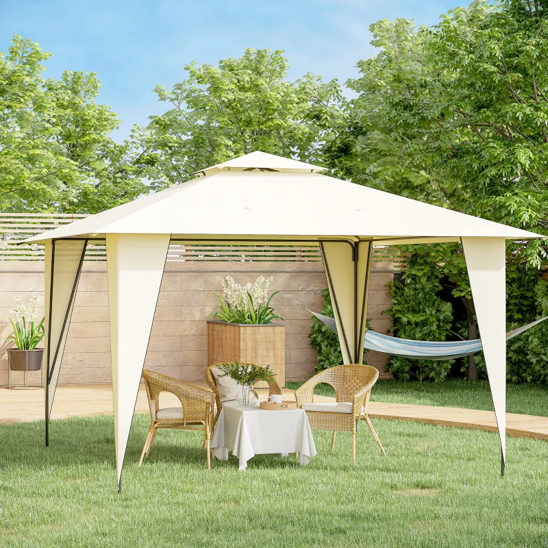 Outsunny 3.5x3.5m Side-Less Outdoor Canopy Tent Gazebo w/ 2-Tier Roof Steel Frame Garden Party Gathering Shelter Beige