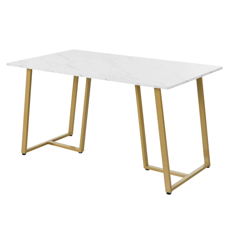 Modern Fodable Dining Table with Marble Pattern, Adjustable Metal Legs, Rectangular Kitchen Table for Dining Room, 140x80x75 cm, White+Gold