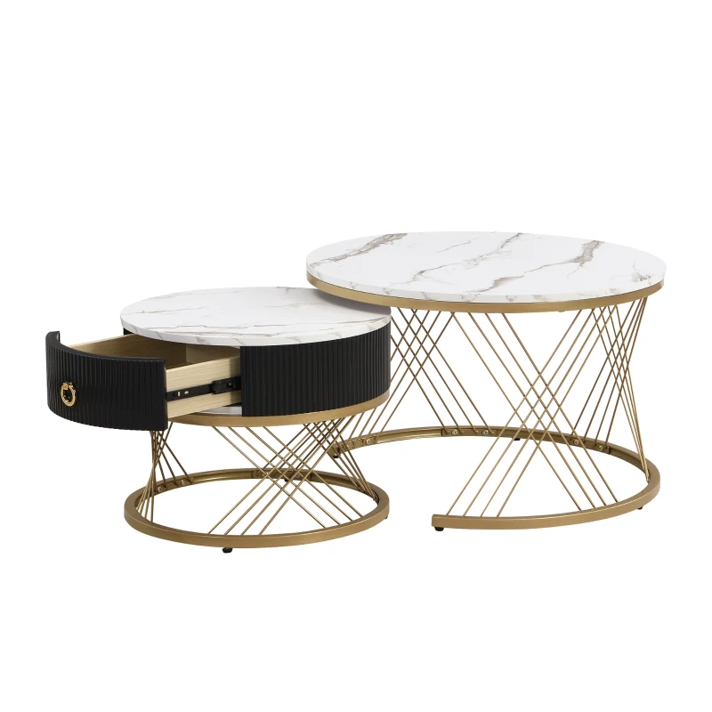 Lot de 2 tables basses gigognes modulables en marbre synthétique avec tiroirs, 70x70x45 cm et 50x50x40 cm, Blanc