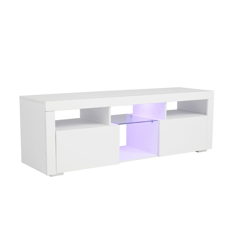 Meuble TV scandinave sur pied et mural avec éclairage LED, étagères ouvertes et compartiments rabattables, moderne brillant 140x40x45 cm, Blanc