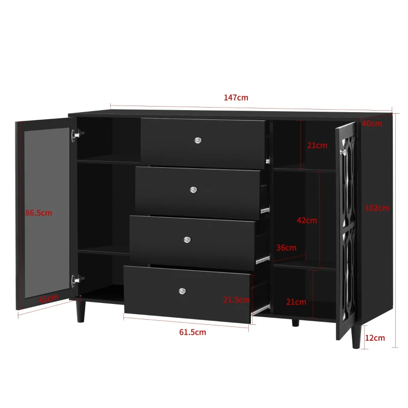 Schwarz Verspiegelte Anrichte mit kühlen Kristallgriffen für Wohn und Esszimmer, 147 x 40 x 102 cm, Schwarz