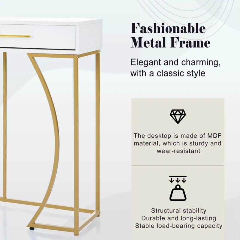 Console Table with 2 Drawers, Light Luxury Style Side Table with Metal Frame and MDF Top, 120x38x76 cm, White