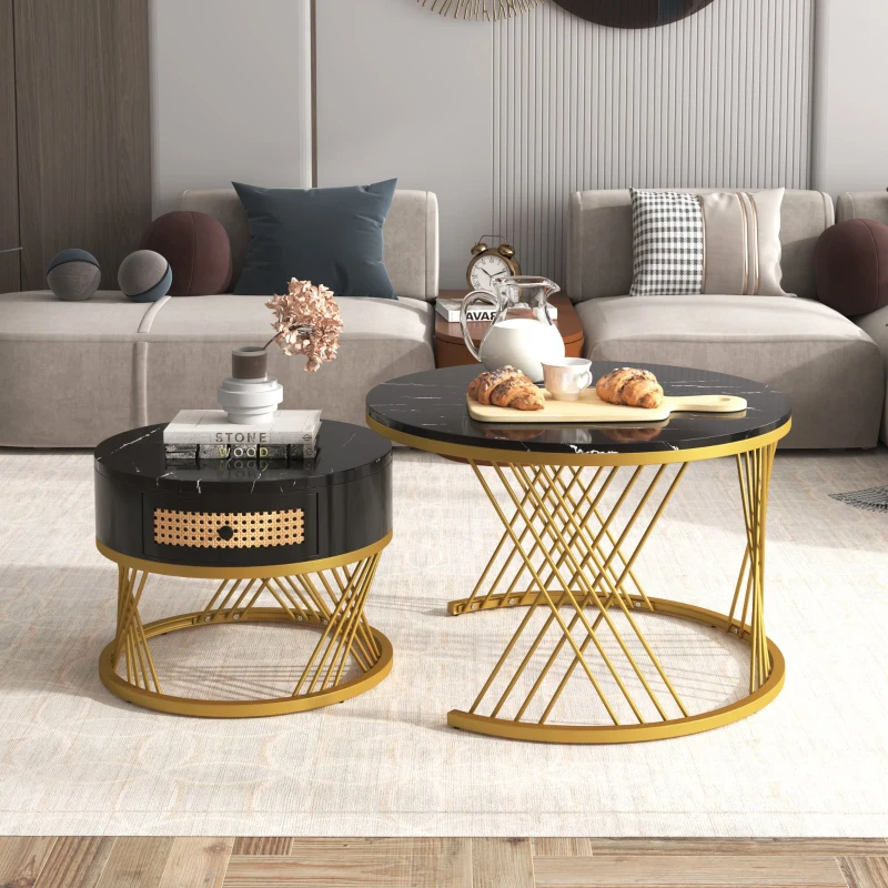 Lot de 2 tables basses gigognes rondes, plateau effet marbre et tiroirs en rotin synthétique, pieds métal, 70x70x45,5 cm + 50x50x38,5 cm, Noir