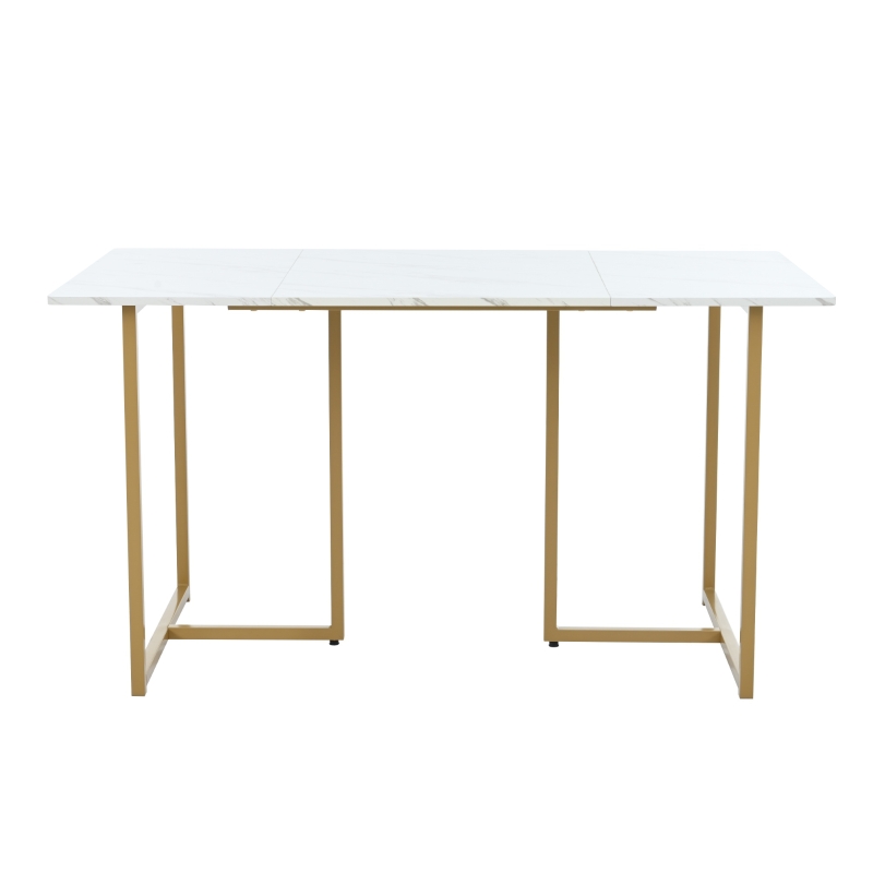 Modern Rectangular Extendable Dining Table with Adjustable L-shaped Support Legs, Marble Pattern Top, Table for Dining Room Living Room, 140x80x75 cm, White/Gold