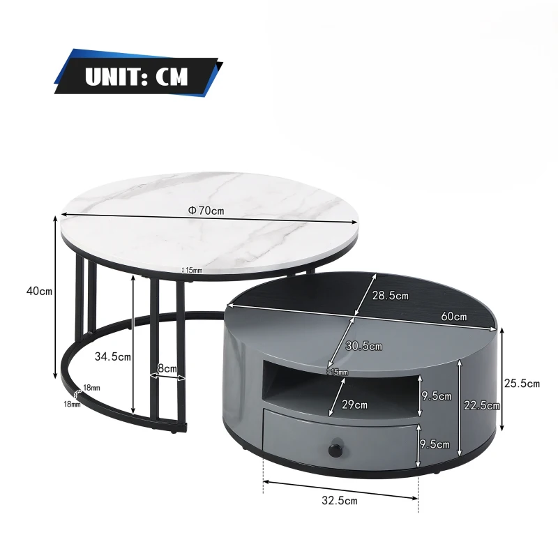 Ensemble de Tables Basses Gigognes Modernes en Style Marbre PVC avec Design Élégant et Espace de Rangement, 70x70x40 cm + 60x60x25,5 cm, Gris