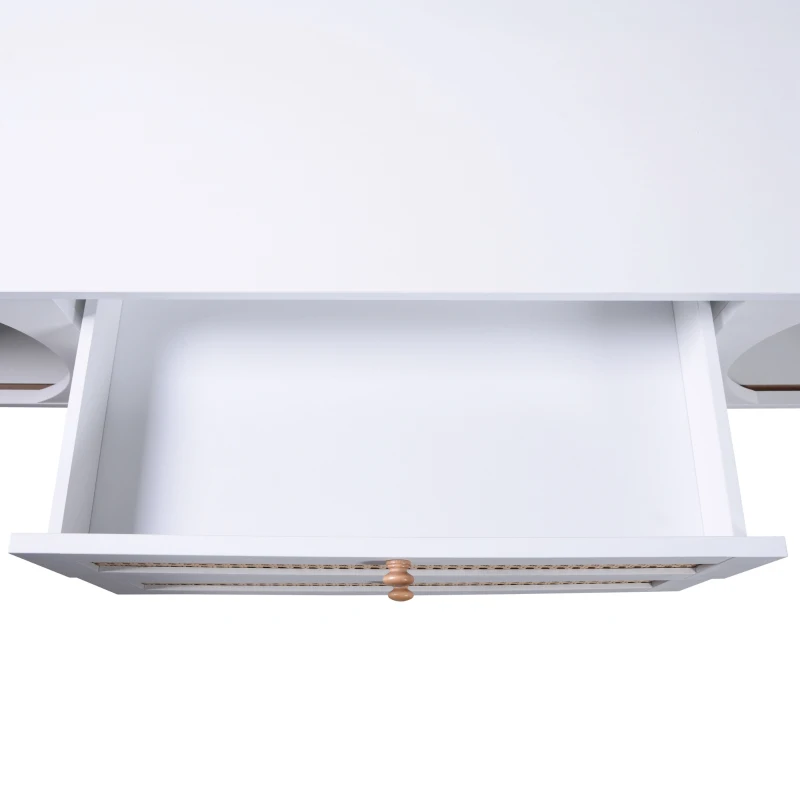 TV-Schrank im Landhausstil mit Rattanseiten, Türen und Schubladen aus Massivholz, Weiß