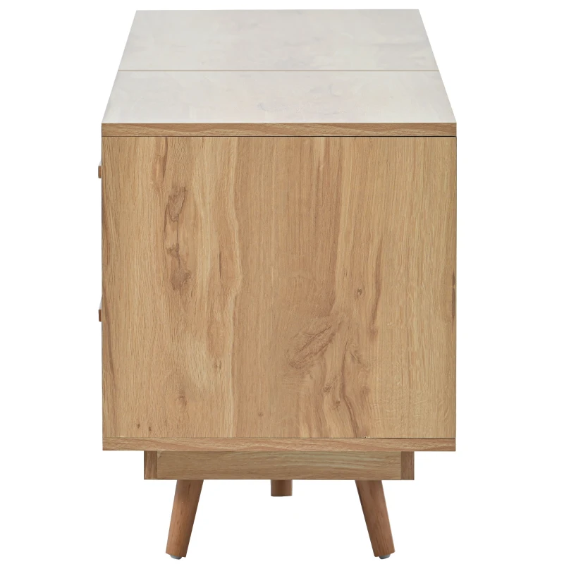 Meuble TV scandinave en rotin pour écrans jusqu'à 80 pouces, console avec portes en rotin, pieds en métal et espace de rangement, naturel