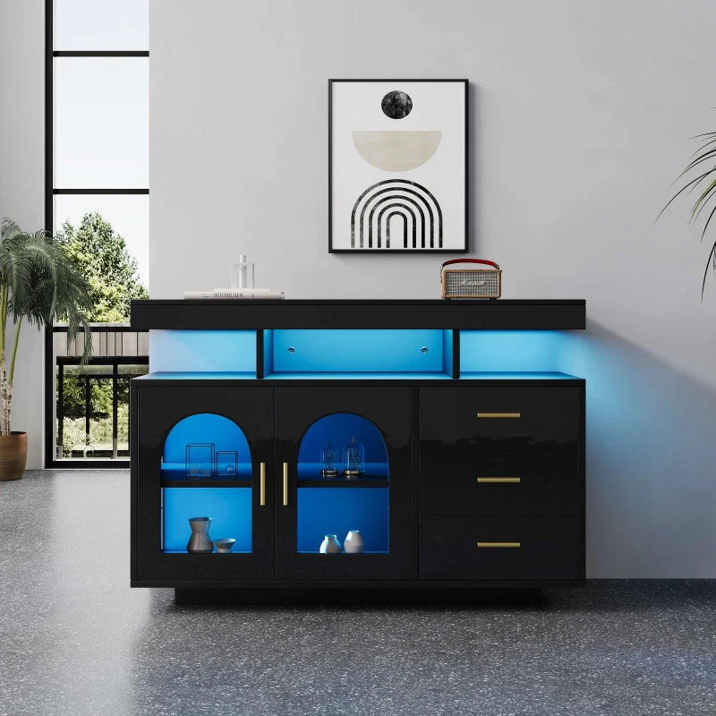 Buffet moderne, meuble TV scandinave avec 3 tiroirs et 2 portes, structure en aggloméré brillant avec lumière LED en 16 couleurs, 120x40x80 cm, Noir