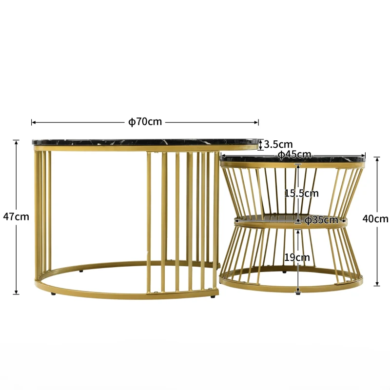 Ensemble de 2 Tables Basses Modernes Gigognes en MDF avec Finition Effet Marbre et Structure Métallique Dorée, 70x70x47 cm + 45x45x40 cm, Noir