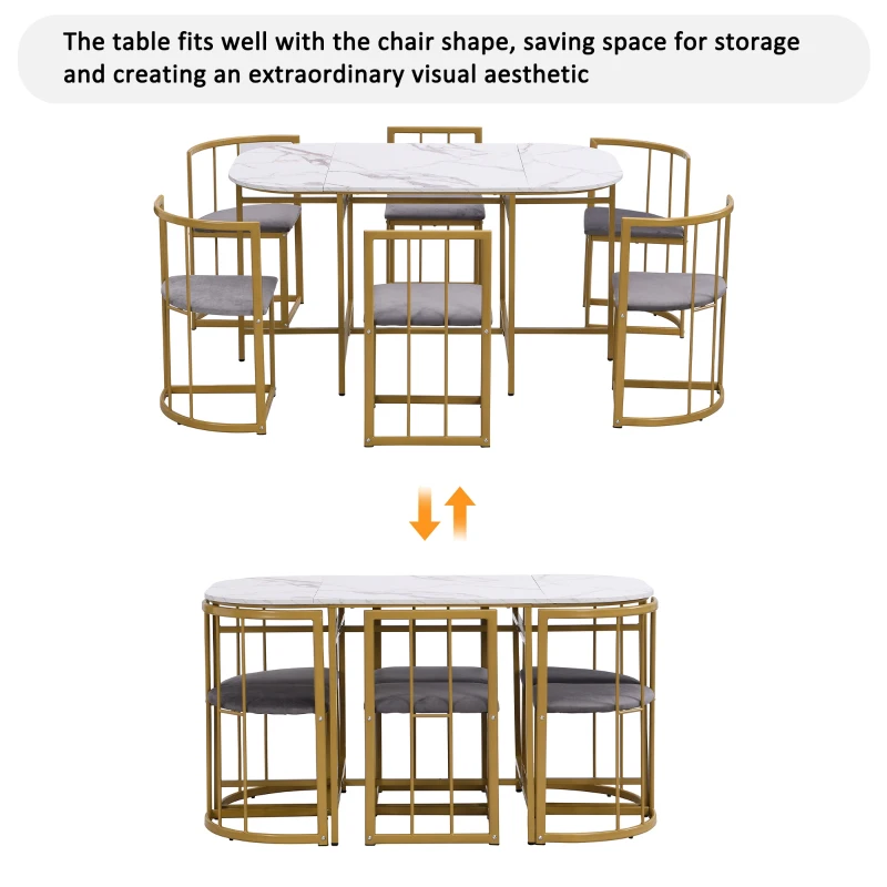 Six-Chair Dining Table Set, Modern Dining Table and Chairs with Backrests and Upholstery, Gold Iron Frame, 140x80x76 cm, Gold