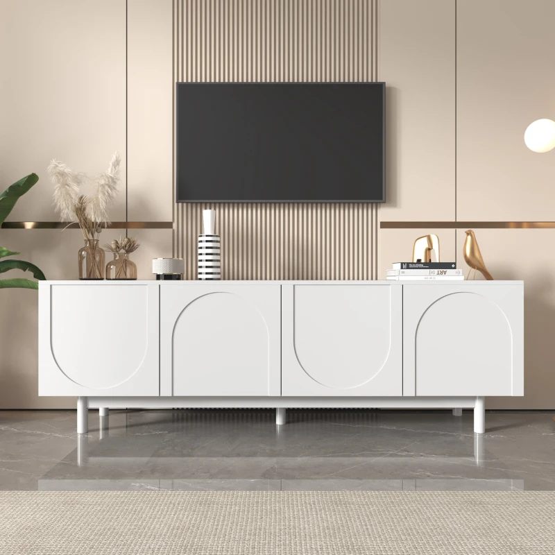 Meuble TV élégant en style luxueux avec portes structurées et étagères réglables, 175x38x56 cm, Blanc