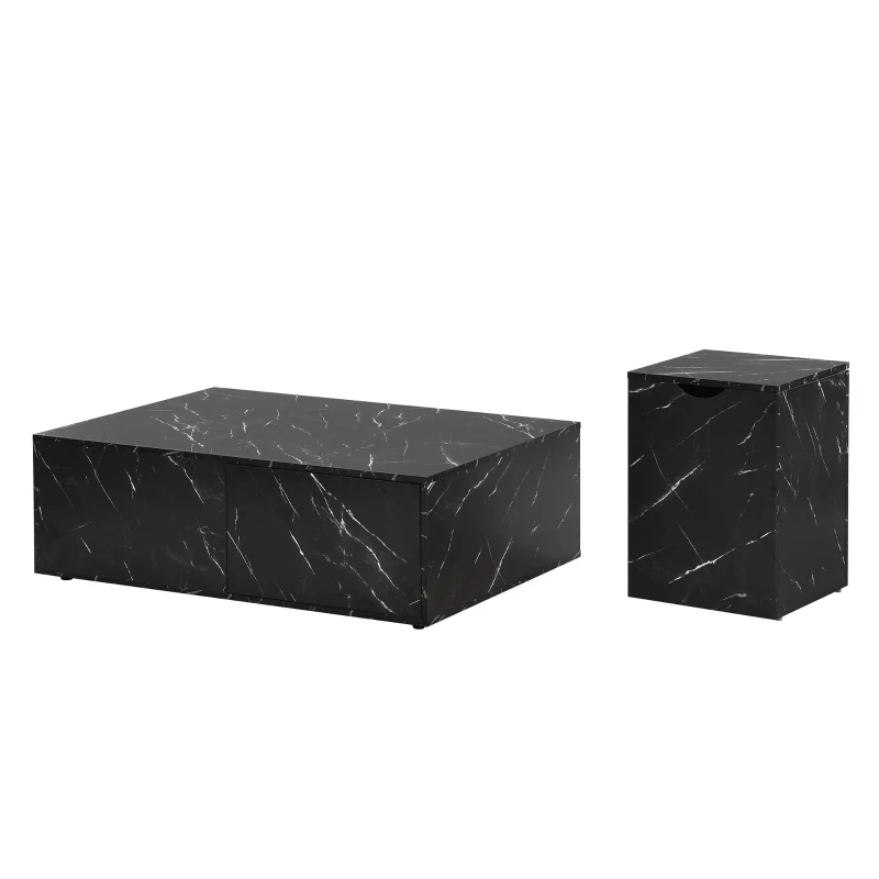 Table basse multifonctionnelle gigogne modulable en marbre, grande table avec tiroirs, petite table avec rangement, 100x33,5x70 cm + 32x32x50 cm, Noir