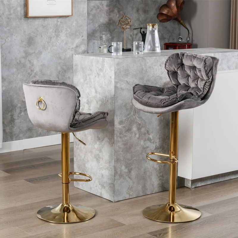 Set of 2 Kitchen Bar Stools with Rolling Edge Backrest, Electroplated Gold Legs, Height Adjustable Bar Chairs for Kitchen Island and Pub, Grey