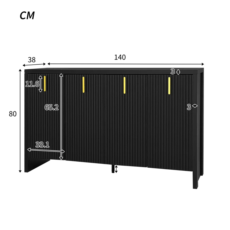 Crédence Moderne Minimaliste pour Cuisine et Salon avec Poignées Dorées et Étagères Réglables, 140x38x80 cm, Noir