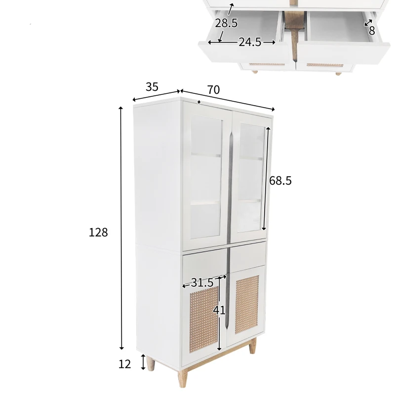 Wohnzimmer-Hochkommode mit Acrylglas-Türen und Rattanmuster, verstellbare Einlegeböden und Echtholzbeine, Natürliche farben