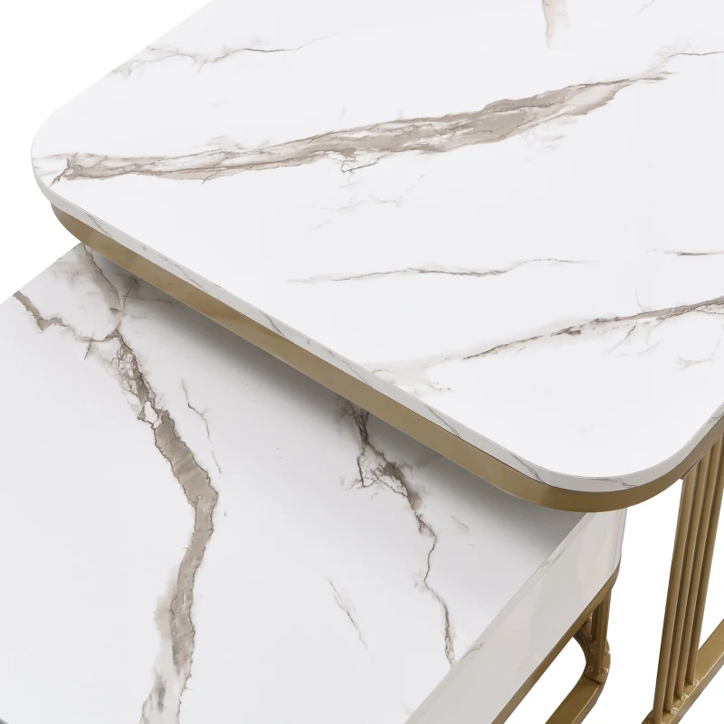 Ensemble de Tables Basses Gigognes en Marbre Poli avec Détails Dorés et Tiroirs, 60x60x45 cm + 50x50x34 cm, Blanc