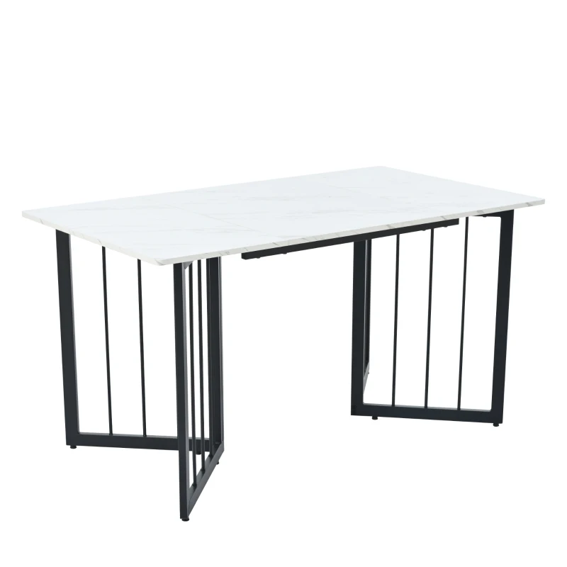 Kitchen Table in Oblong Shape with V-shaped Support Legs, Extendable Table with Marble Top, Metal Frame, 140x80x75 cm, White+Black