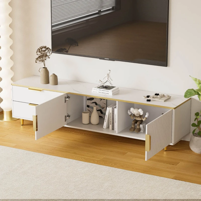 Meuble TV Bas avec Texture Sculptée, Poignées et Pieds Dorés, Structure Effet Marbre pour Salon, 175x40x45 cm - Style Scandinave, Blanc