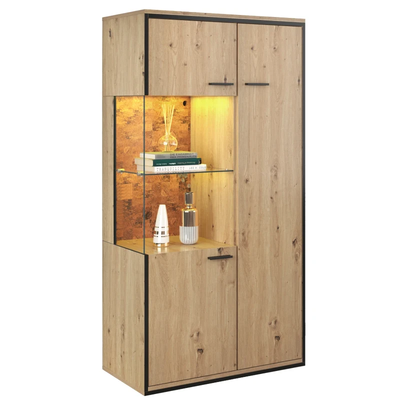Vitrinenschrank 150x78x40cm, Großer Stauraum, 15 Farboptionen LED-Beleuchtung, Glastür, für Wohnung und Büro, Natürlich