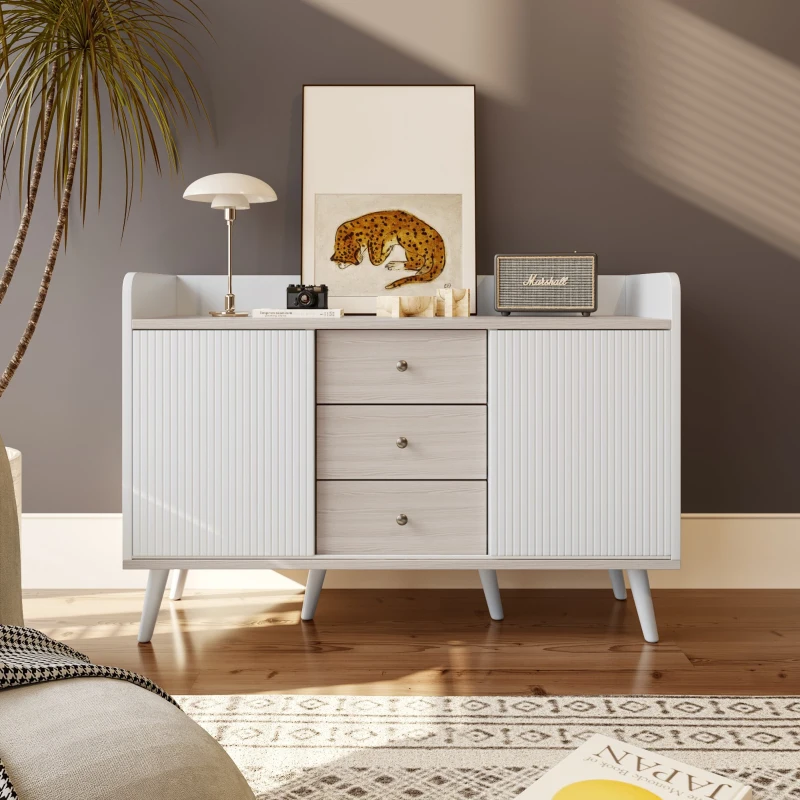 Modernes Sideboard mit Schiebetüren und Schubladen, Vielseitiger Stauraum für Wohnzimmer und Schlafzimmer, Weiß+Holzoptik