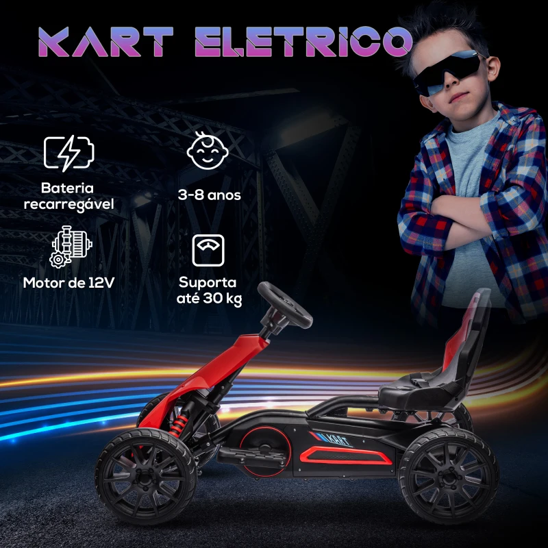 HOMCOM Go Kart Elétrico para Crianças Kart a Bateria 12V Velocidade Ajustável 3-5 km/h e Cinto de Segurança 100x58x58,5 cm Vermelho