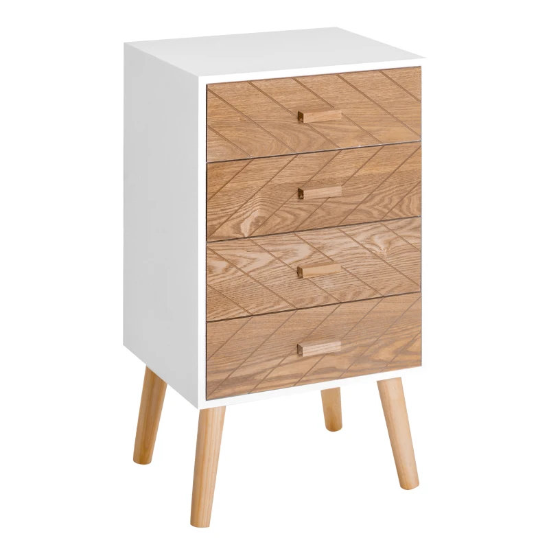HOMCOM Mesa de Cabeceira com 4 Gavetas Amplo Espaço de Armazenamento para Dormitório 40x30x75 cm Branco e Madeira
