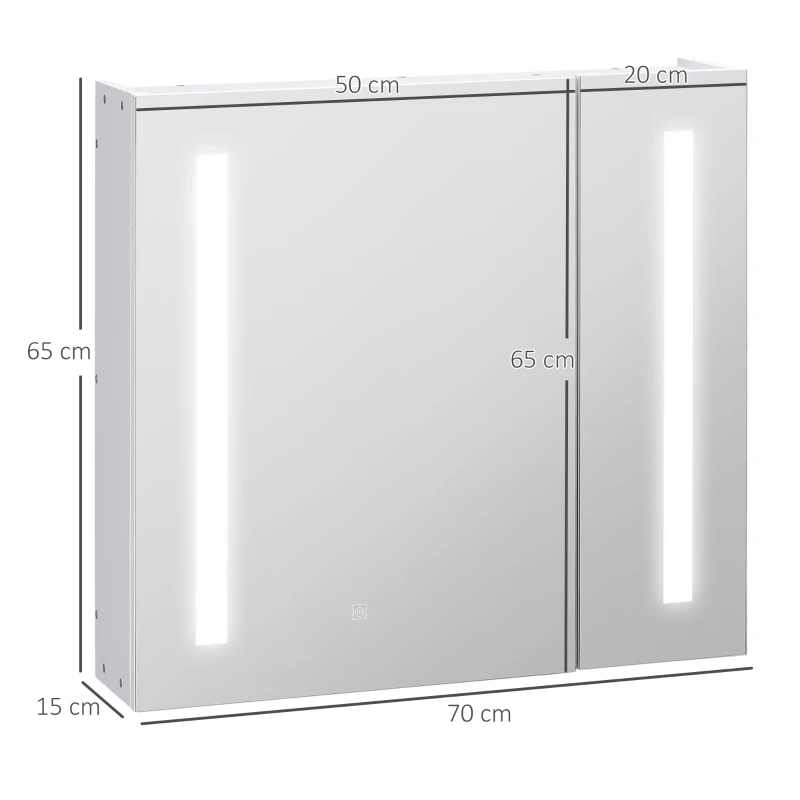 kleankin Armário com Espelho de Casa de Banho com Luz LED Suspenso 2 Portas e Interruptor Tátil Estilo Moderno 70x15x65 cm Branco