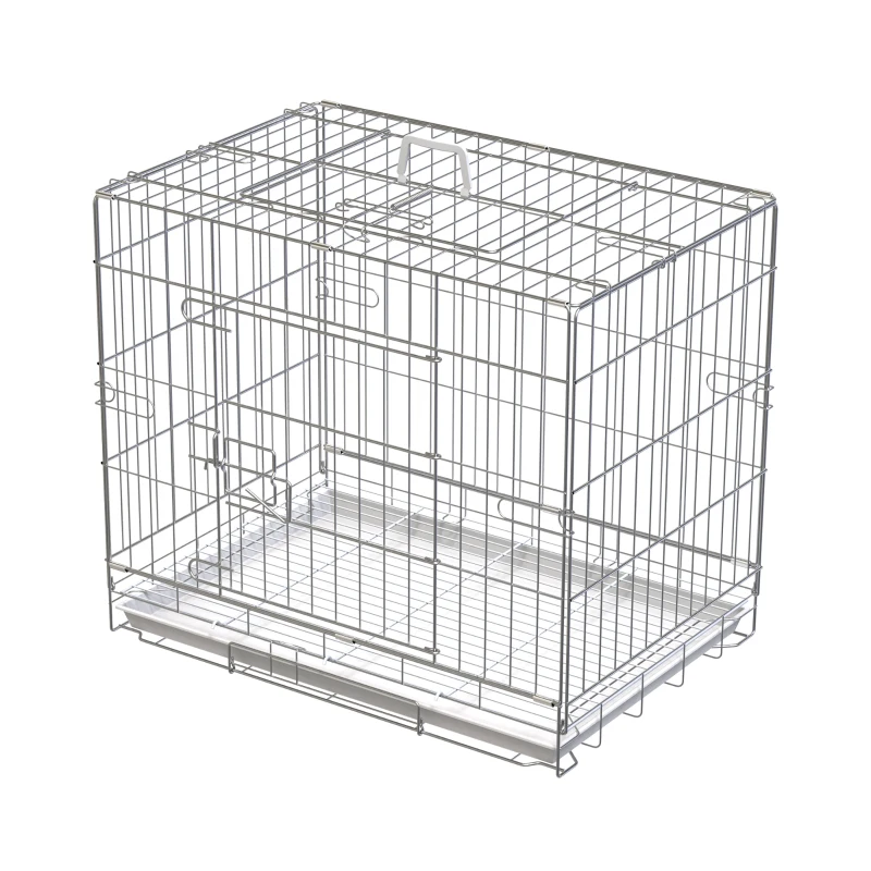 PawHut Gaiola Dobrável para Cães 61x43x50cm Gaiola de Metal para Cães com Bandeja Amovível com Travão Prata e Branco