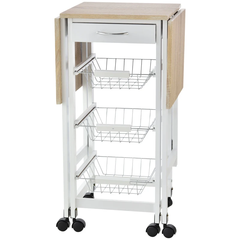 HOMCOM Carrello Portavivande Pieghevole a 6 Ruote con 3 Cestini, Cassetto e 2 Ribalte, Carrellino per Cucina in MDF e Metallo, 37x37x77.5 cm, Bianco e Legno