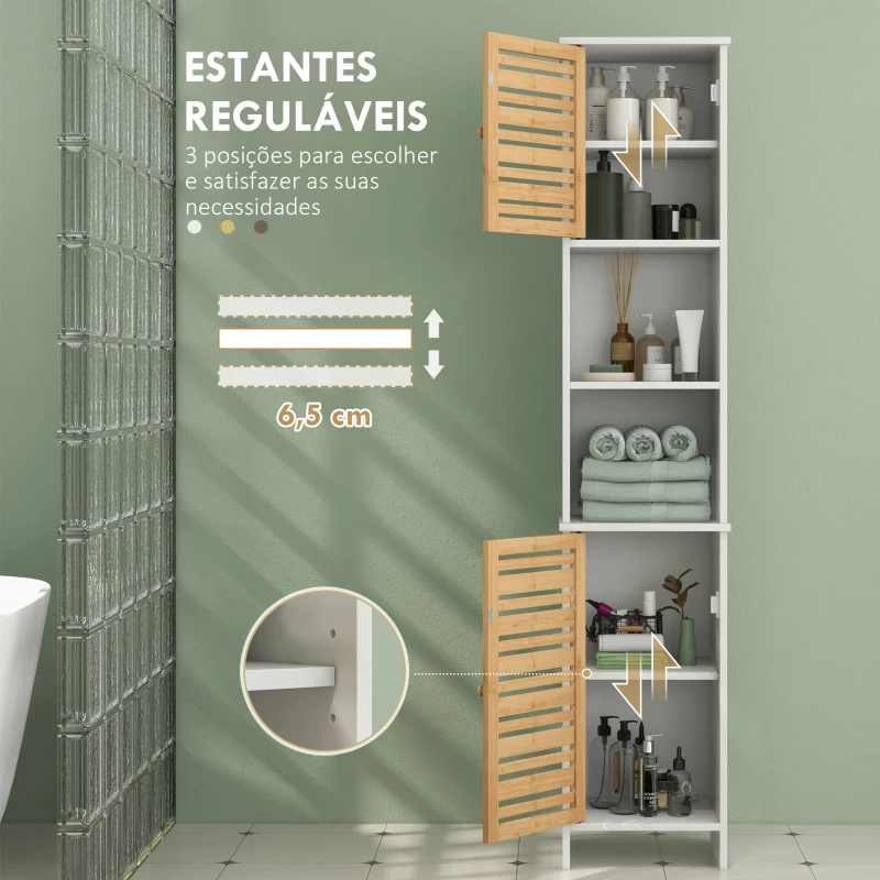 HOMCOM Coluna Casa de Banho Móvel Auxiliar Casa de Banho com Prateleiras Ajustáveis e Portas de Bambu 35x30x170 cm Branco e Madeira
